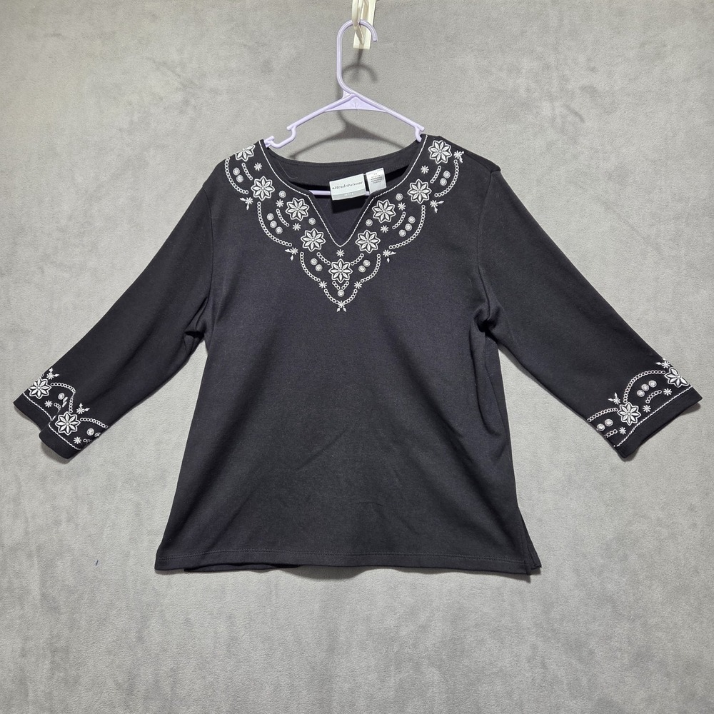 Alfred Dunner Top PSmall Embroidered Floral Statement Neckline Boho Chic Folk